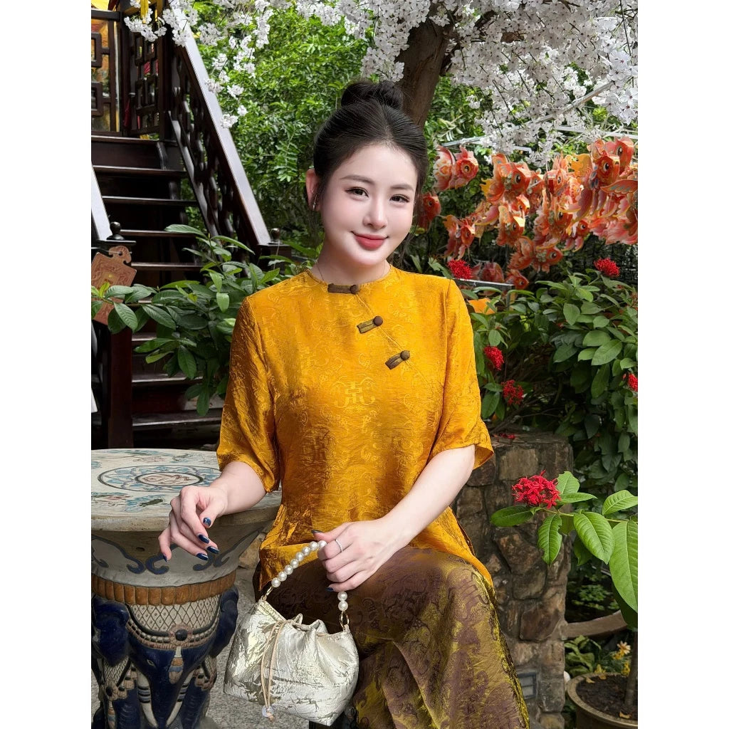 PP458 pháp phục lụa tằm ánh kim vạt chéo phối màu sang trọng tiểu thư