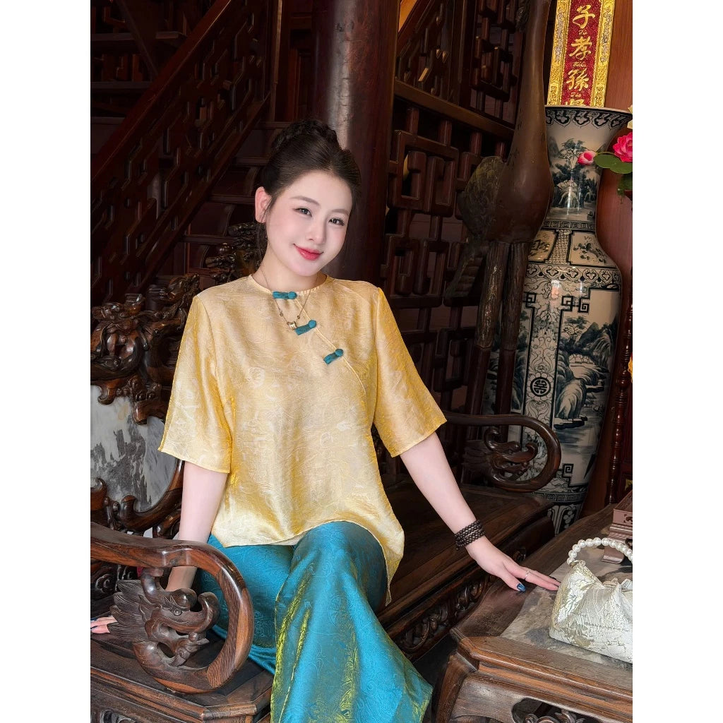 PP458 pháp phục lụa tằm ánh kim vạt chéo phối màu sang trọng tiểu thư
