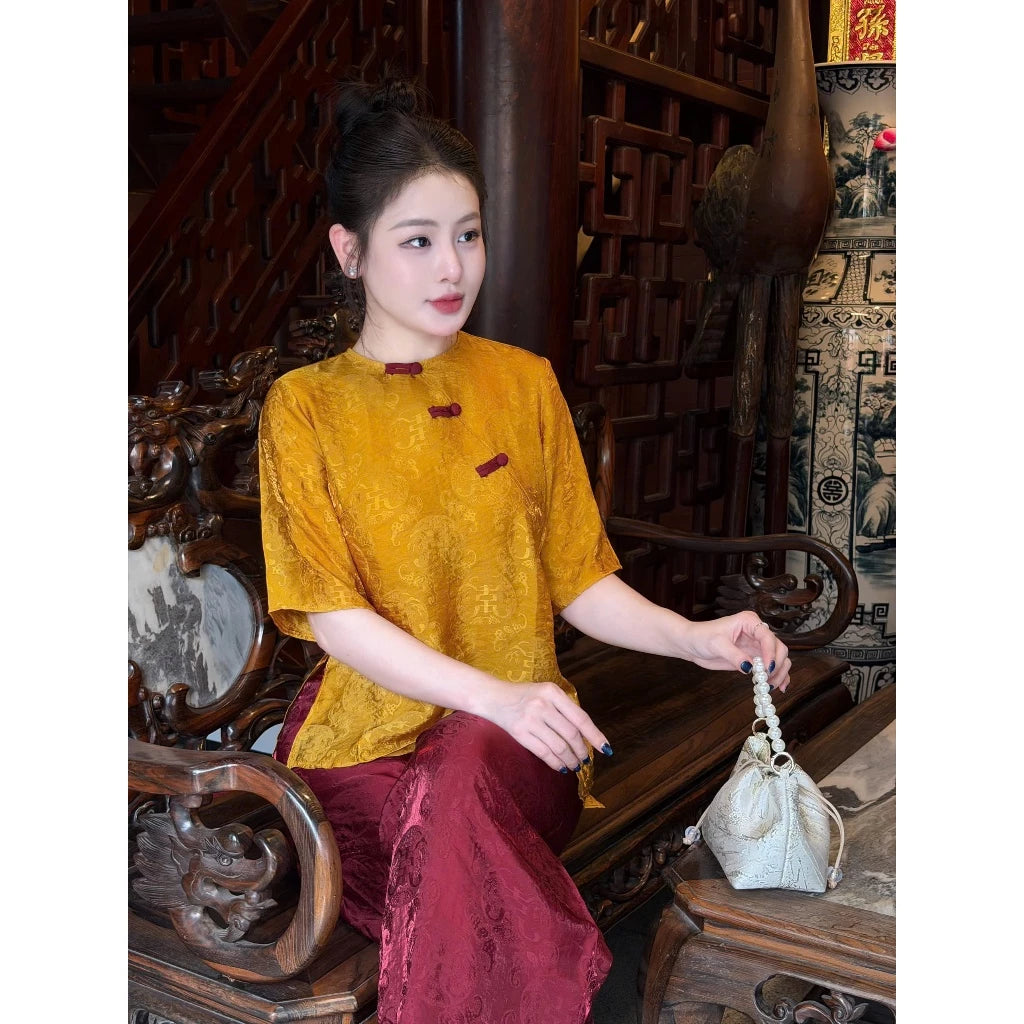 PP458 pháp phục lụa tằm ánh kim vạt chéo phối màu sang trọng tiểu thư