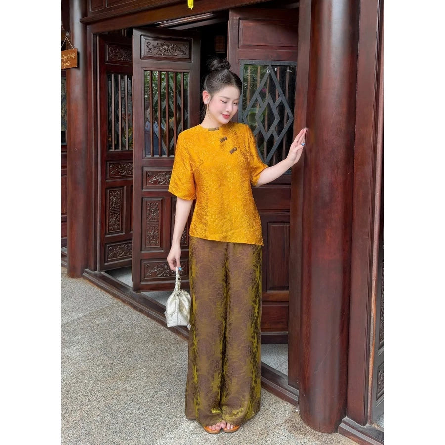 PP458 pháp phục lụa tằm ánh kim vạt chéo phối màu sang trọng tiểu thư