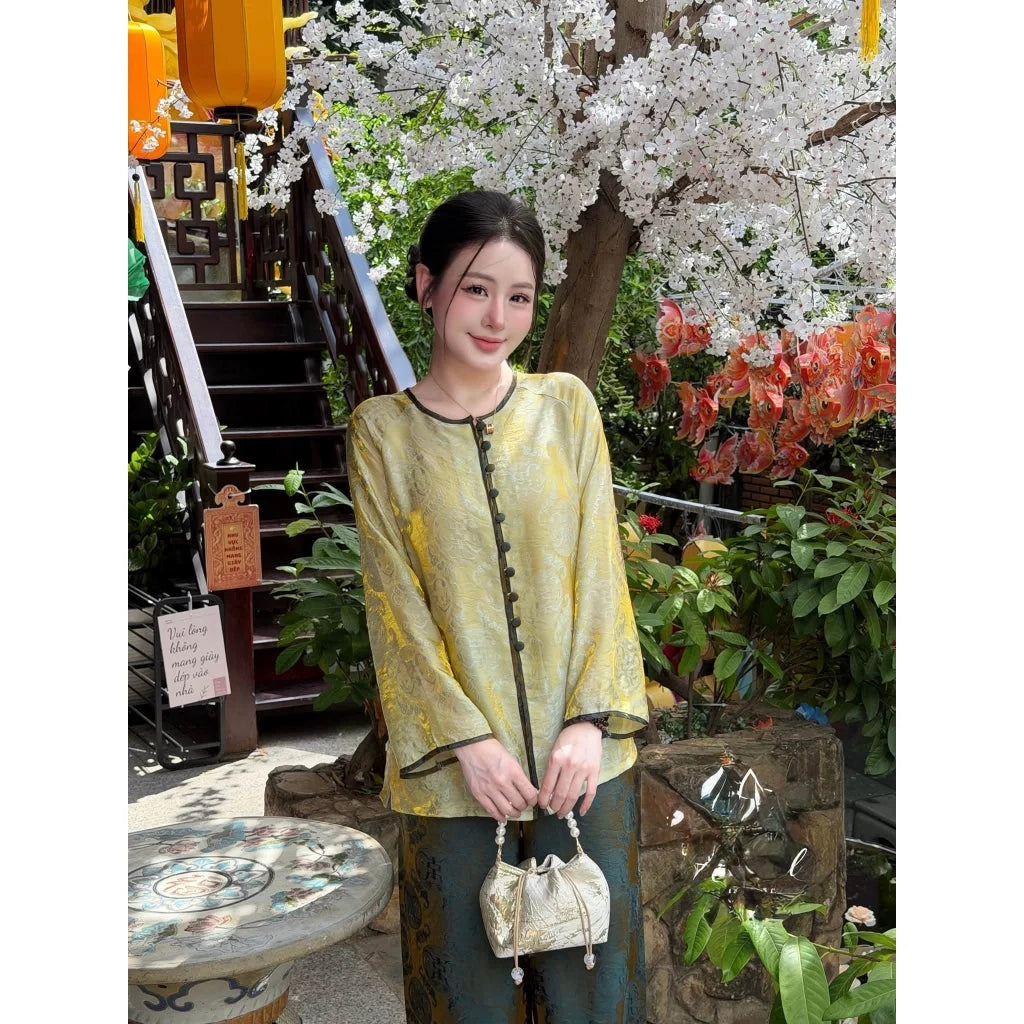 (Có Size Lớn) PP455 set bà ba pháp phục lụa tằm tencel ánh kim phối viền sang trọng và trẻ trung