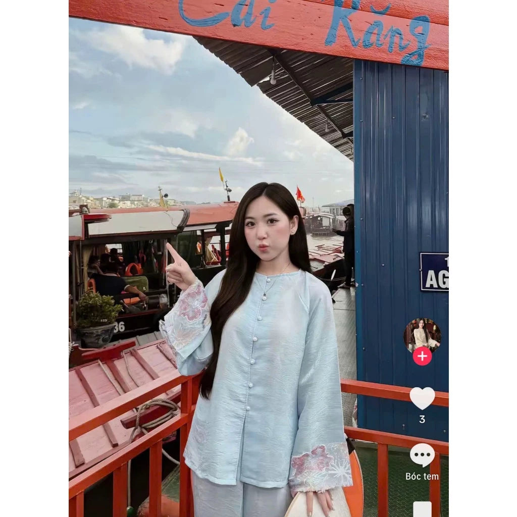 PP463 pháp phục bà ba tằm ánh kim cao cấp (có lót quần) phối tay ren sang trọng tiểu thư