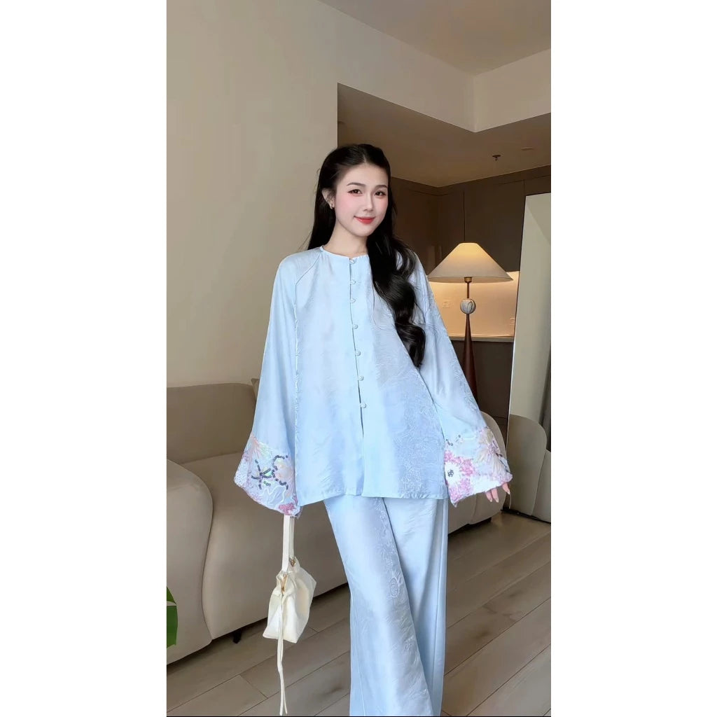 PP463 pháp phục bà ba tằm ánh kim cao cấp (có lót quần) phối tay ren sang trọng tiểu thư