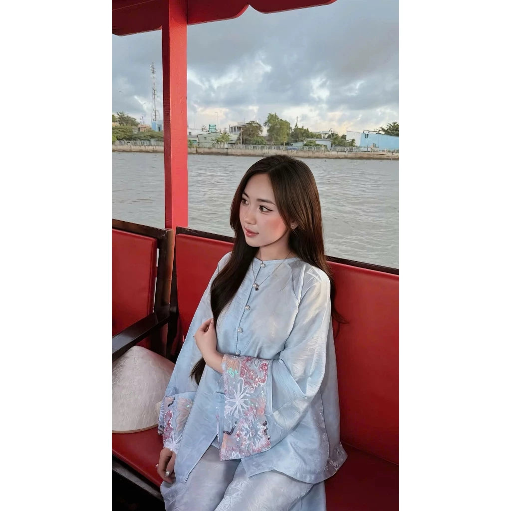 PP463 pháp phục bà ba tằm ánh kim cao cấp (có lót quần) phối tay ren sang trọng tiểu thư