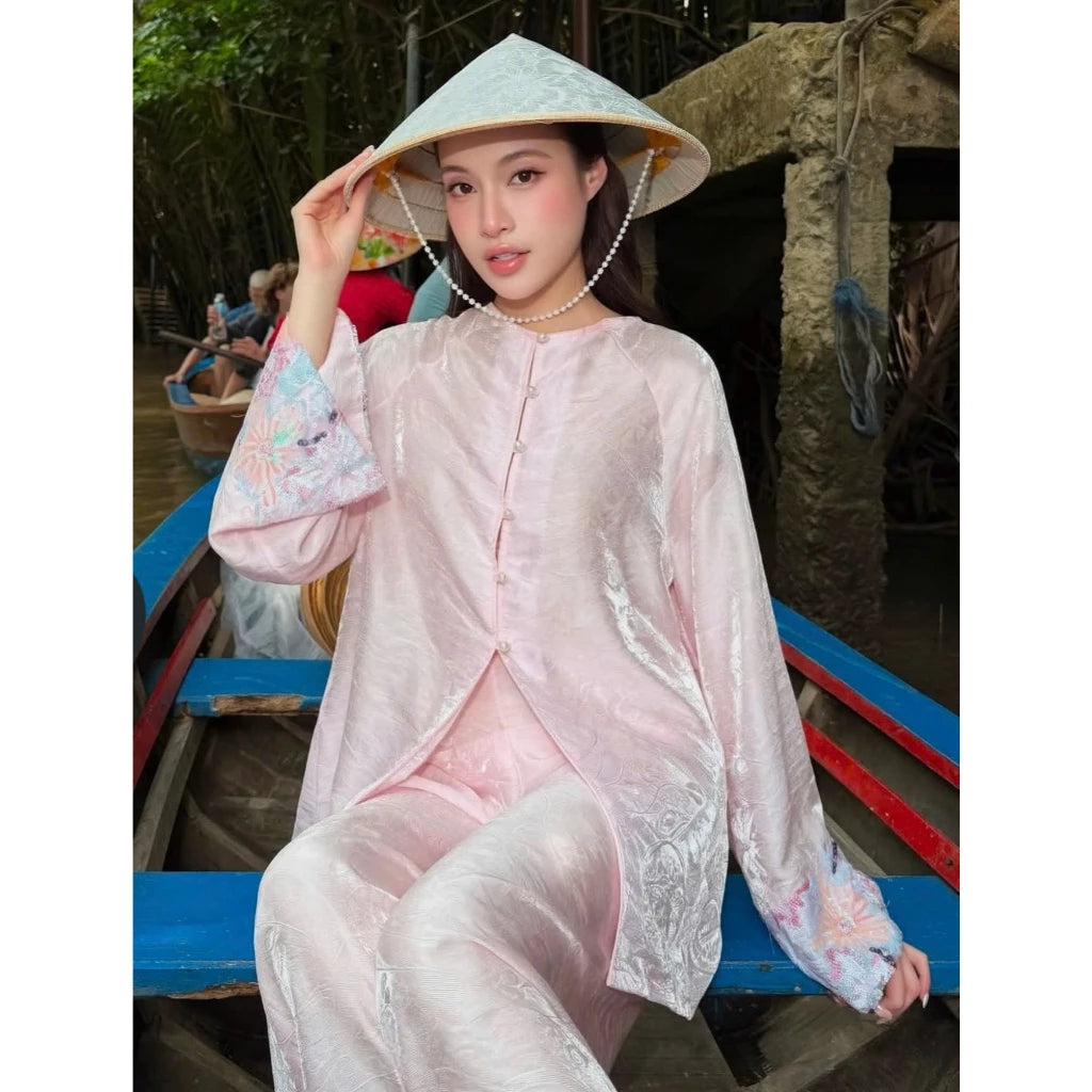 PP463 pháp phục bà ba tằm ánh kim cao cấp (có lót quần) phối tay ren sang trọng tiểu thư