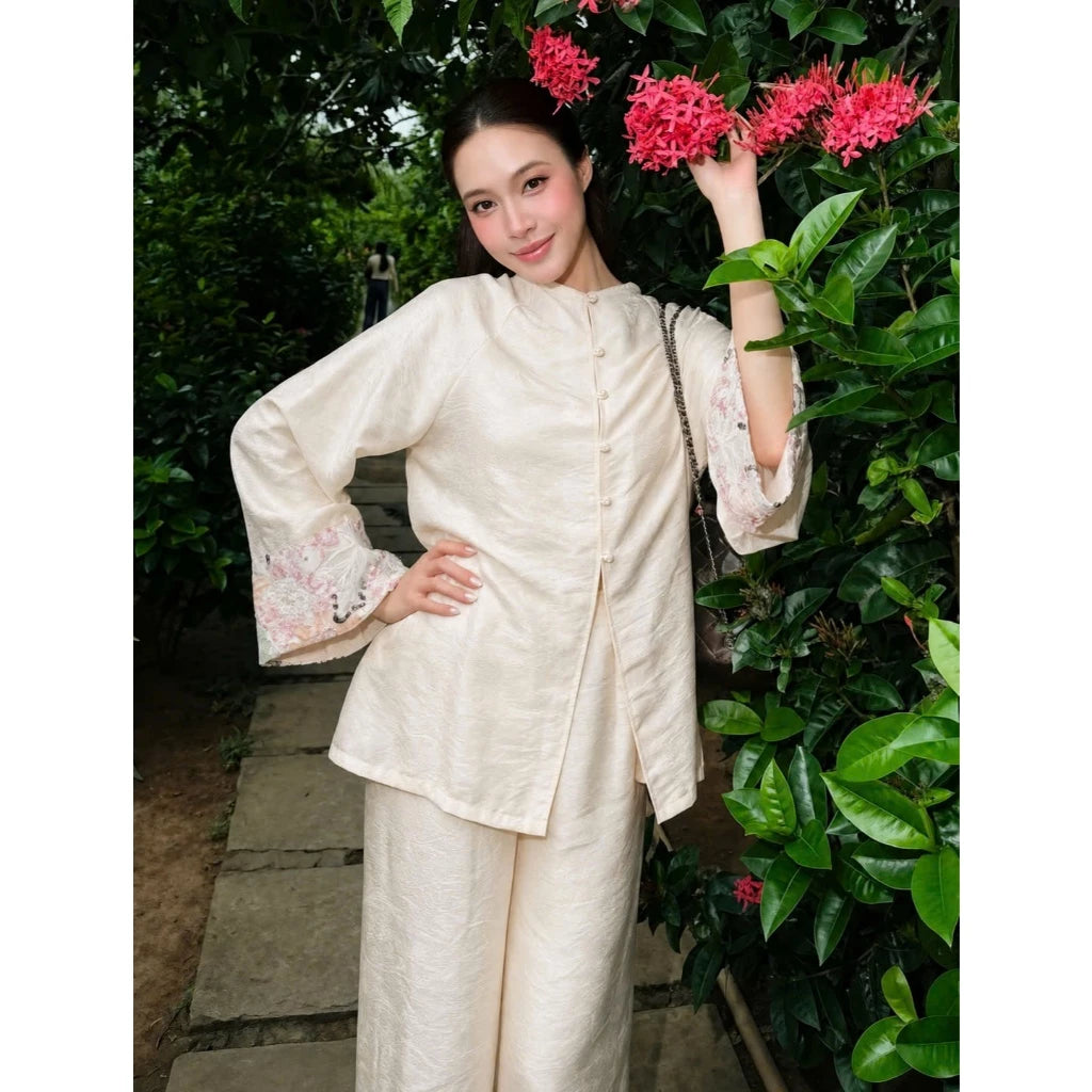 PP463 pháp phục bà ba tằm ánh kim cao cấp (có lót quần) phối tay ren sang trọng tiểu thư