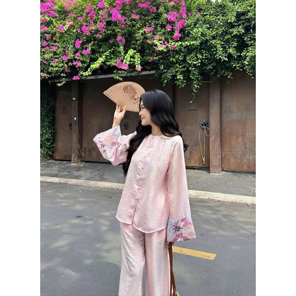 PP463 pháp phục bà ba tằm ánh kim cao cấp (có lót quần) phối tay ren sang trọng tiểu thư