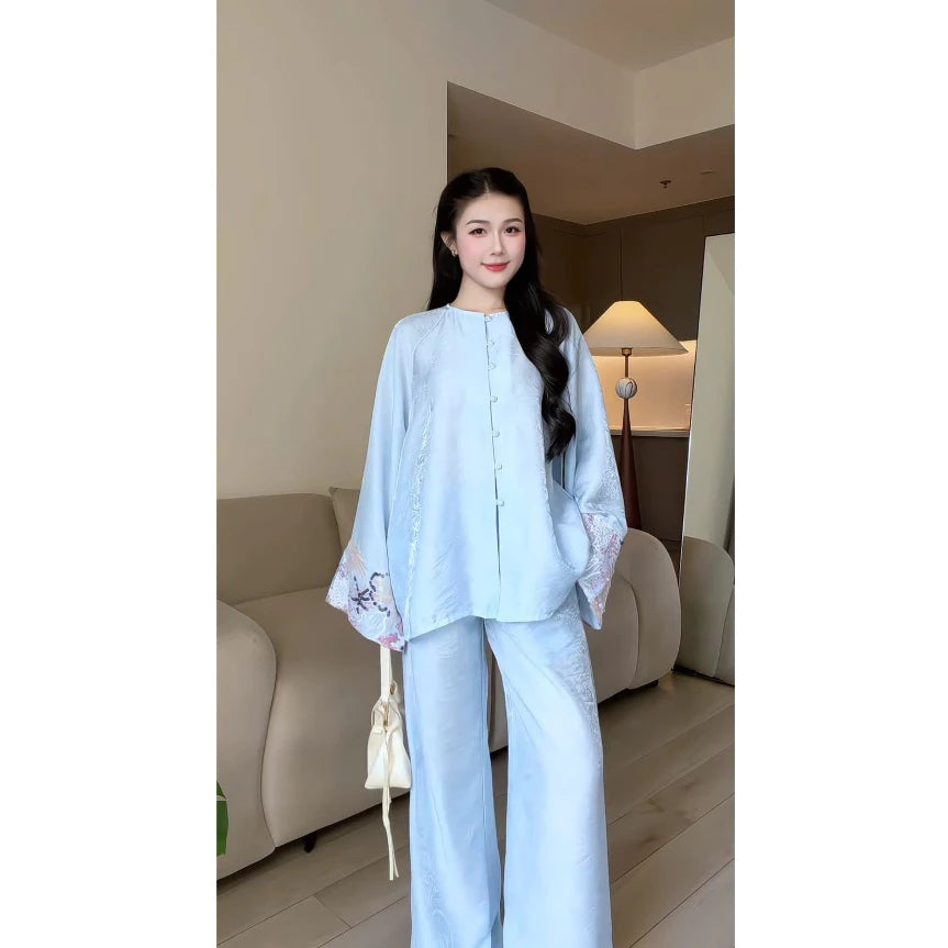 PP463 pháp phục bà ba tằm ánh kim cao cấp (có lót quần) phối tay ren sang trọng tiểu thư