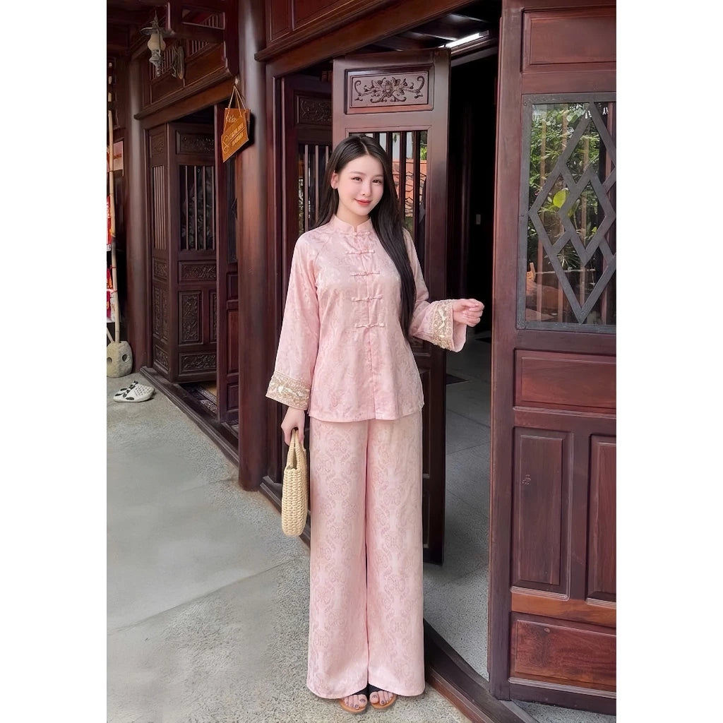 PP468 pháp phục lụa gấm chữ thọ phối tay ren sang trọng tiểu thư, cao cấp