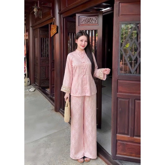 PP468 pháp phục lụa gấm chữ thọ phối tay ren sang trọng tiểu thư, cao cấp