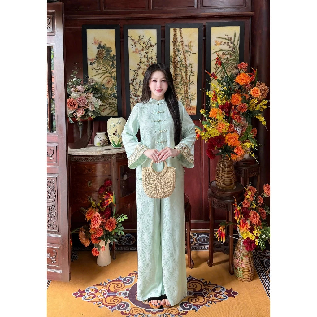 PP468 pháp phục lụa gấm chữ thọ phối tay ren sang trọng tiểu thư, cao cấp
