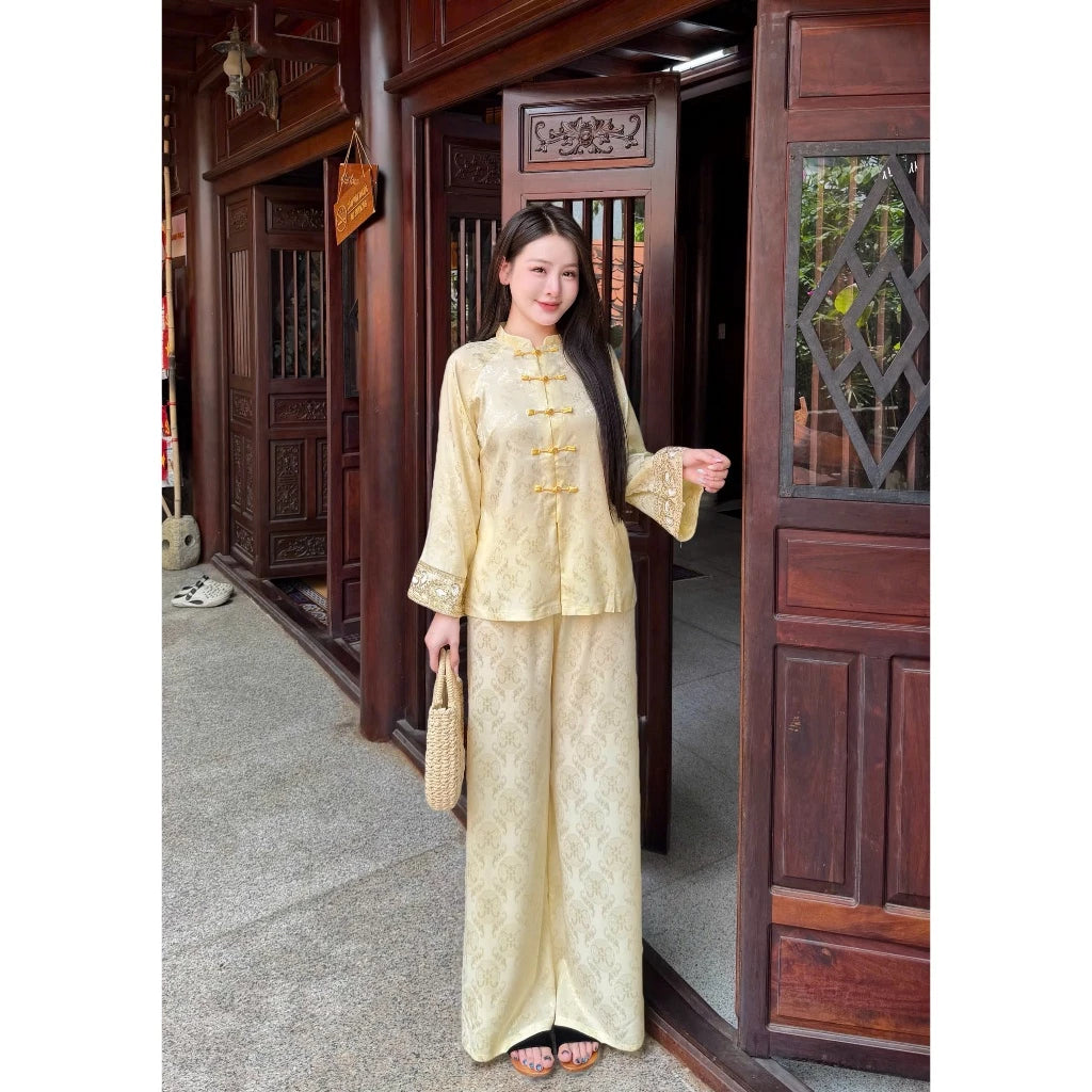 PP468 pháp phục lụa gấm chữ thọ phối tay ren sang trọng tiểu thư, cao cấp