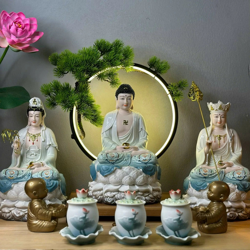 Bộ Tượng Ta Bà Tam Thánh, Thích Ca, Địa Tạng, Quan Âm Xanh Ngọc 12 inch