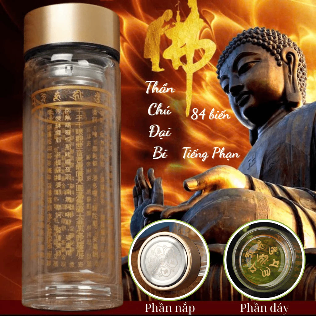 Bình nước Chú Đại Bi 2 lớp thuỷ tinh cao cấp - Sử dụng hàng ngày, Decor phòng thờ