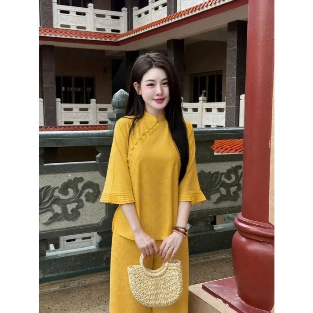 (Có Size Lớn) SeT BỘ LAM THIẾT KẾ TAY LỠ ĐI LỄ, ĐI CHÙA MÀU TRƠN LỊCH SỰ, SANG TRỌNG