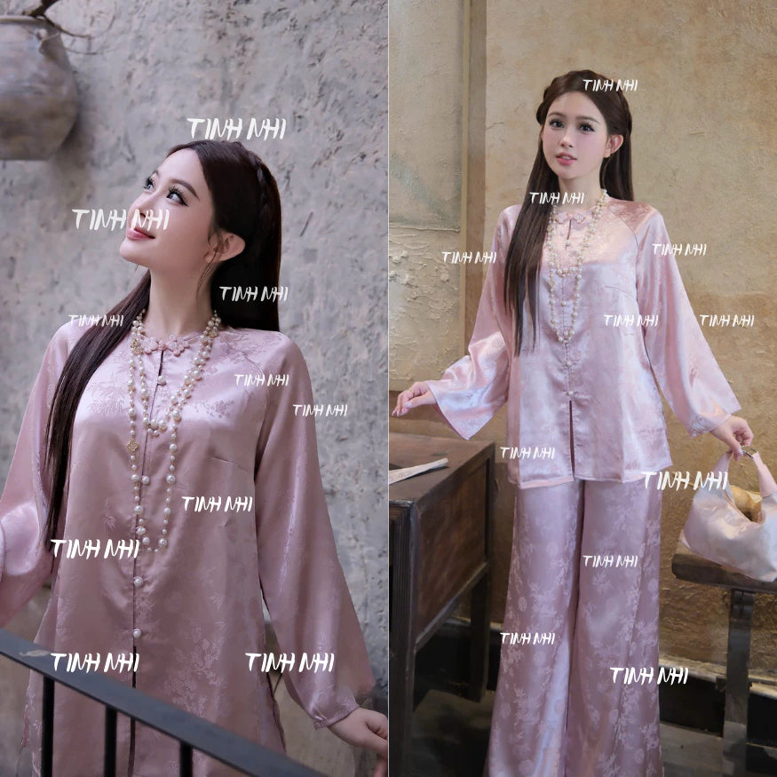 PP377 Pháp Phục Dáng Bà Ba Suông Lụa Gấm Vân Trúc Phối Khuy Nơ