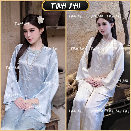 PP377 Pháp Phục Dáng Bà Ba Suông Lụa Gấm Vân Trúc Phối Khuy Nơ