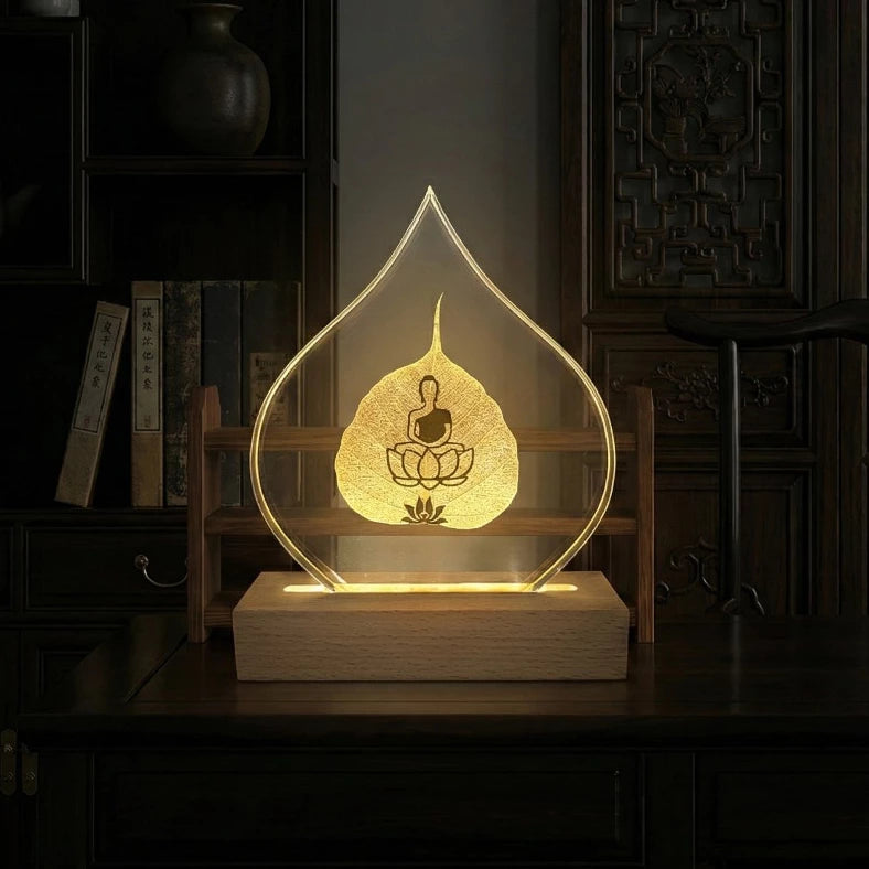 [Lá Thật 100%] Đèn Lá Bồ Đề Mạ Vàng Có Hình Phật Ngồi Thiền - Decor trang trí nhà, không gian thiền