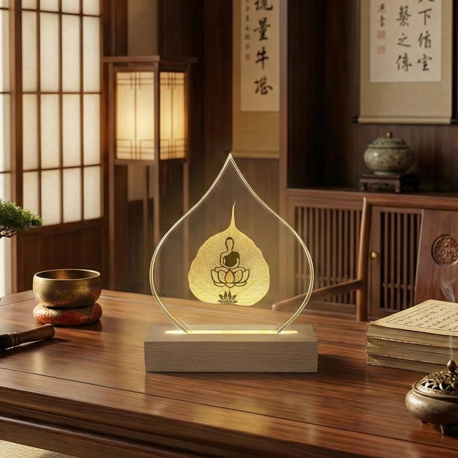 [Lá Thật 100%] Đèn Lá Bồ Đề Mạ Vàng Có Hình Phật Ngồi Thiền - Decor trang trí nhà, không gian thiền
