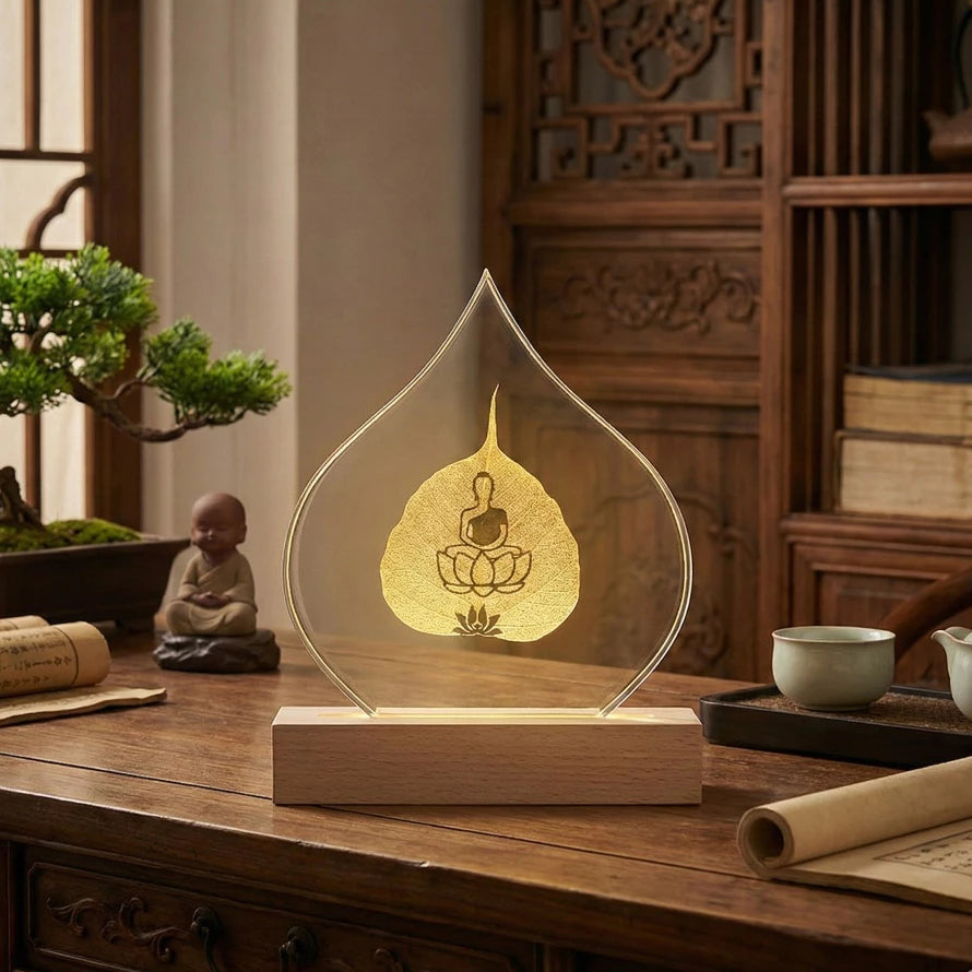 [Lá Thật 100%] Đèn Lá Bồ Đề Mạ Vàng Có Hình Phật Ngồi Thiền - Decor trang trí nhà, không gian thiền