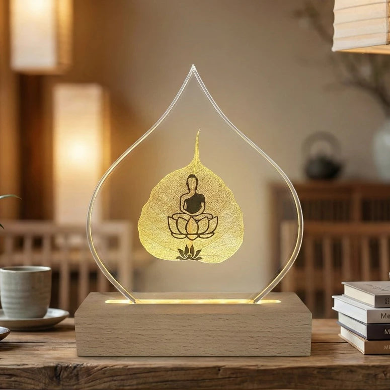 [Lá Thật 100%] Đèn Lá Bồ Đề Mạ Vàng Có Hình Phật Ngồi Thiền - Decor trang trí nhà, không gian thiền