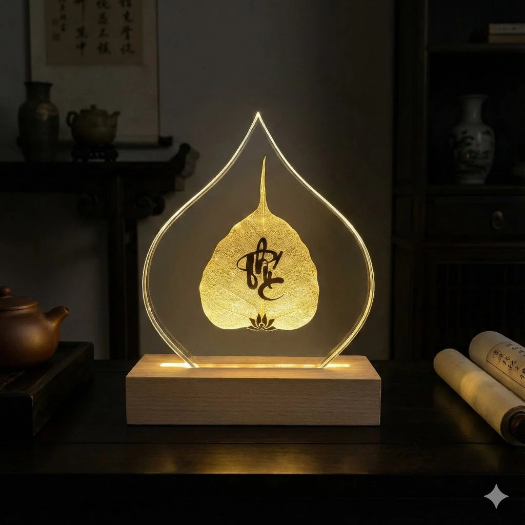 Đèn Led 7 Màu Lá Bồ Đề Tự Nhiên - Chữ Thư Pháp Mạ Vàng