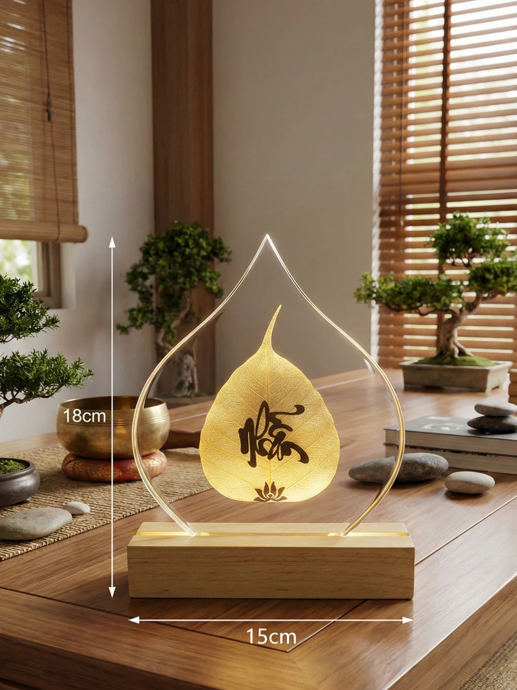 Đèn Led 7 Màu Lá Bồ Đề Tự Nhiên - Chữ Thư Pháp Mạ Vàng