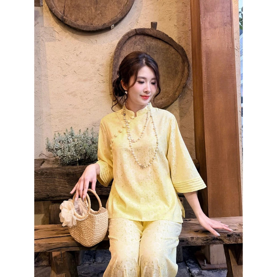PP342 - pháp phục nữ lụa gấm vân hoa cúc phối cúc chéo nhẹ nhàng